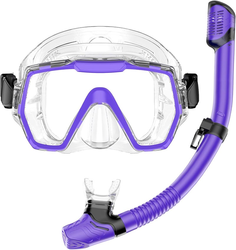 Honlanor Snorkel Set Adults Snorkeling Gear Anti-Leak and Anti-Fog Tempered Glass Lens Panoramic View Swim Mask Dry Top Snorkel Kit for Snorkeling Scuba Diving Swimming Travel with Carry Bag - Image 1